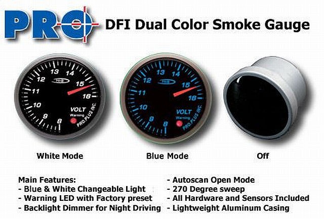 DFI Blue/White Smoke Lens Gauge 52mm - Volt (8-16V)