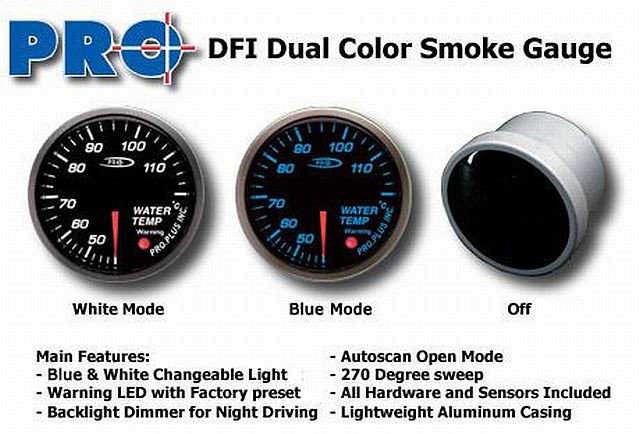 DFI Blue/White Smoke Lens Gauge 52mm - Water Temperature (Celc)