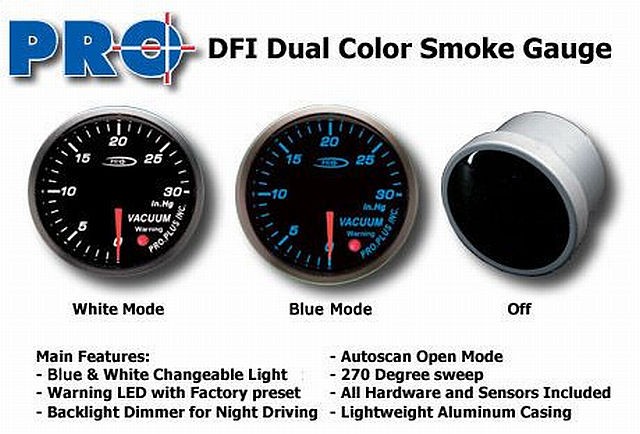 DFI Blue/White Smoke Lens Gauge 52mm - Vacuum (Bar)