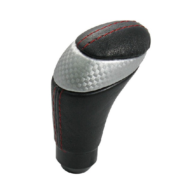 Universal VMS Shift Knob Black/Silver Leather + Red Stitches Schaltknauf