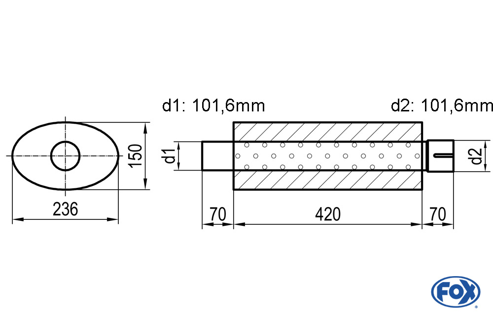 Uni-Schalldämpfer oval mit Stutzen - Abwicklung 618 236x150mm, d1Ø 101,6mm außen - d2Ø 106,6mm innen, Länge: 420mm