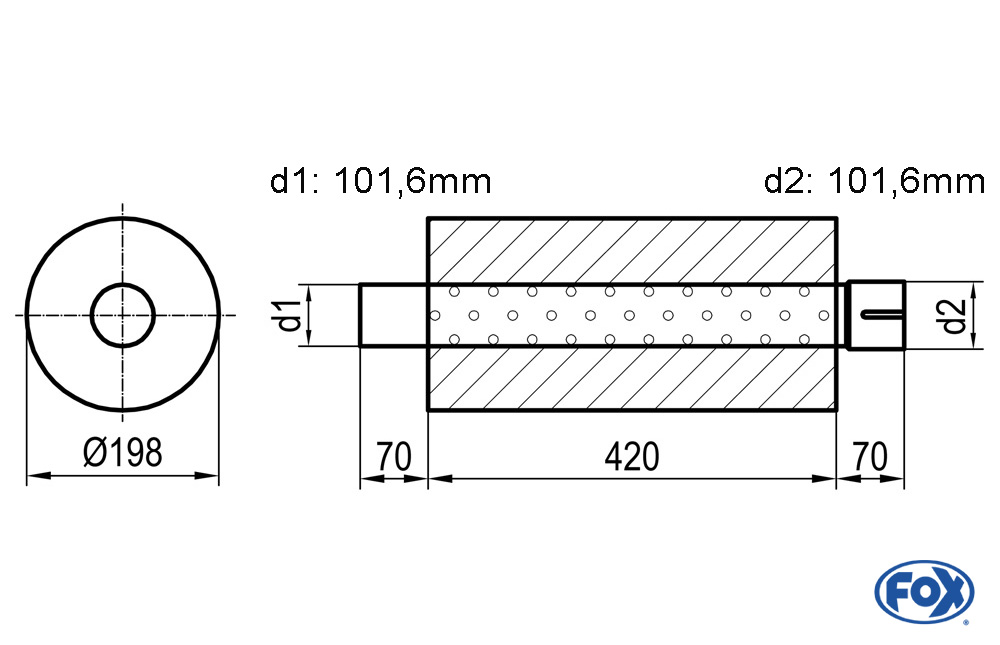Uni-Schalldämpfer rund mit Stutzen - Abwicklung 626 Ø 198mm, d1Ø 101,6mm  d2Ø 101,6mm, Länge: 420mm