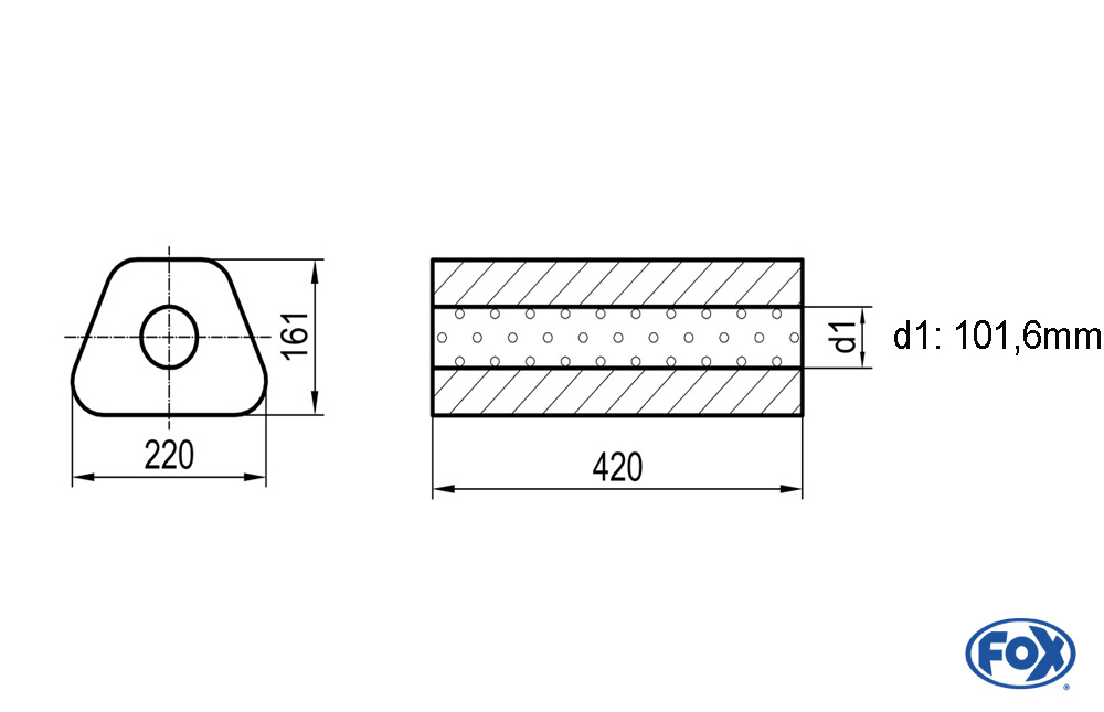 Uni-Schalldämpfer Trapezoid ohne Stutzen - Abwicklung 644 220x161mm, d1Ø 101,6mm, Länge: 420mm