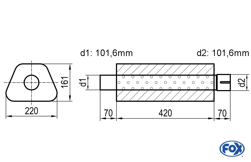 Uni-Schalldämpfer Trapezoid mit Stutzen - Abwicklung 644 220x161mm, d1Ø 101,6mm  d2Ø 101,6mm, Länge: 420mm