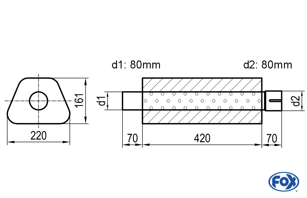 Uni-Schalldämpfer Trapezoid mit Stutzen - Abwicklung 644 220x161mm, d1Ø 80mm  d2Ø 80mm, Länge: 420mm