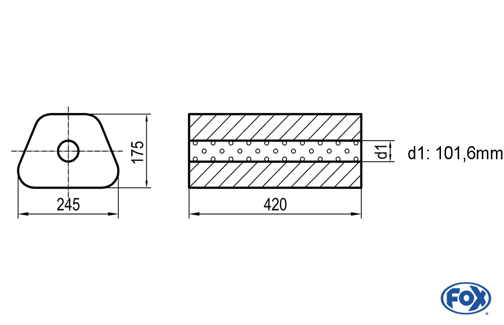 Uni-Schalldämpfer Trapezoid ohne Stutzen - Abwicklung 711 245x175mm, d1Ø 101,6mm außen - Länge: 420mm