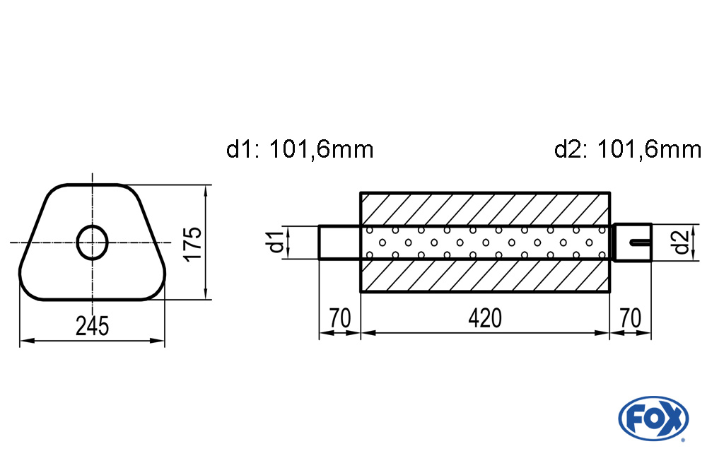 Uni-Schalldämpfer Trapezoid mit Stutzen - Abwicklung 711 245x175mm, d1Ø 101,6mm außen - d2Ø 101,6mm innen - Länge: 420mm