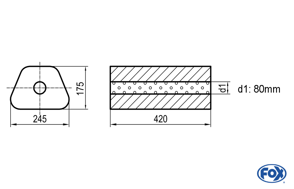 Uni-Schalldämpfer Trapezoid ohne Stutzen - Abwicklung 711 245x175mm, d1Ø 80mm außen - Länge: 420mm