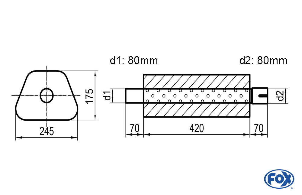 Uni-Schalldämpfer Trapezoid mit Stutzen - Abwicklung 711 245x175mm, d1Ø 80mm außen - d2Ø 80mm innen - Länge: 420mm
