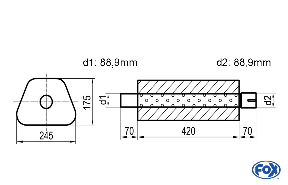 Uni-Schalldämpfer Trapezoid mit Stutzen - Abwicklung 711 245x175mm, d1Ø 88,9mm außen - d2Ø 88,9mm innen - Länge: 420mm