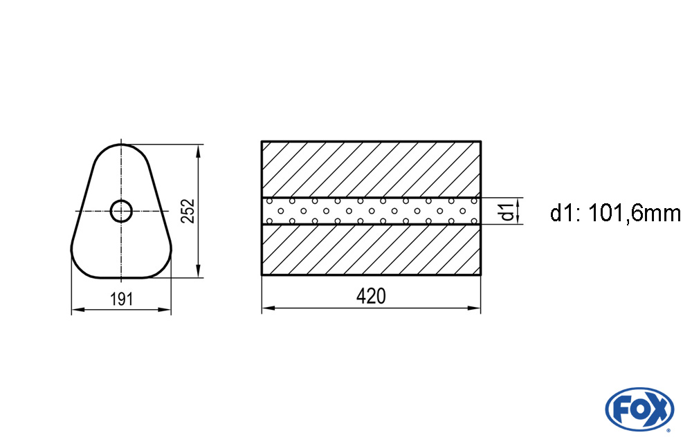 Uni-Schalldämpfer Dreieckig ohne Stutzen - Abwicklung 725 191x252mm, d1Ø 101,6mm außen - Länge: 420mm