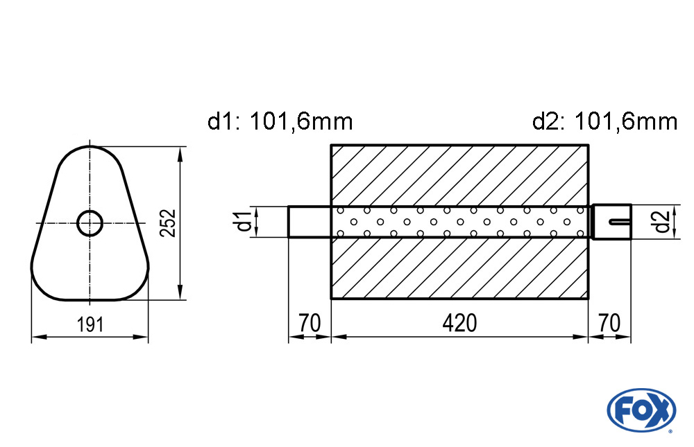 Uni-Schalldämpfer Dreieckig mit Stutzen - Abwicklung 725 191x252mm, d1Ø 101,6mm außen/ d2Ø 101,6mm innen - Länge: 420mm