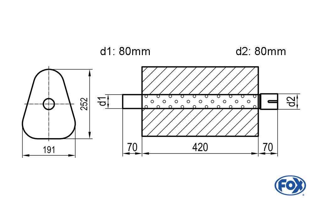 Uni-Schalldämpfer Dreieckig mit Stutzen - Abwicklung 725 191x252mm, d1Ø 80mm außen/ d2Ø 80mm innen - Länge: 420mm