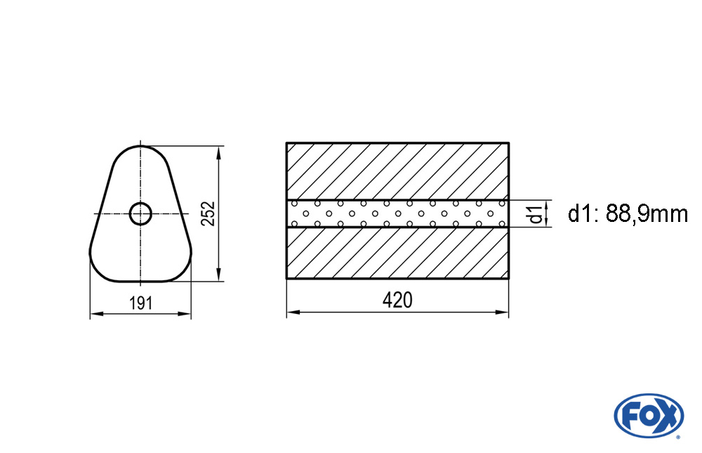 Uni-Schalldämpfer Dreieckig ohne Stutzen - Abwicklung 725 191x252mm, d1Ø 88,9mm außen - Länge: 420mm