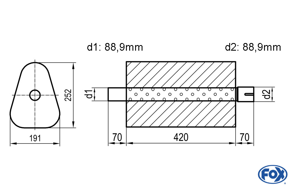 Uni-Schalldämpfer Dreieckig mit Stutzen - Abwicklung 725 191x252mm, d1Ø 88,9mm außen/ d2Ø 88,9mm innen - Länge: 420mm