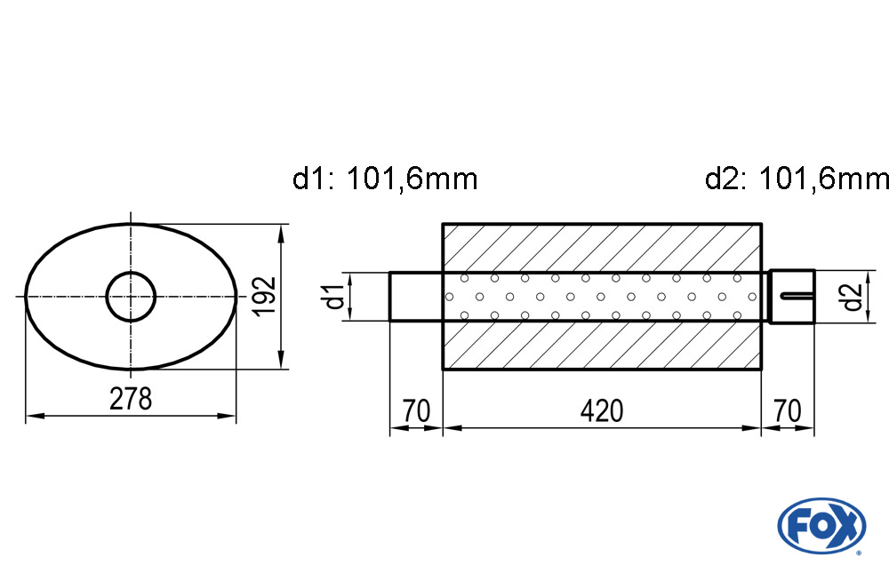Uni-Schalldämpfer oval mit Stutzen - Abwicklung 754 278x192mm, d1Ø 101,6mm außen - d2Ø 101,6mm innen - Länge: 420mm