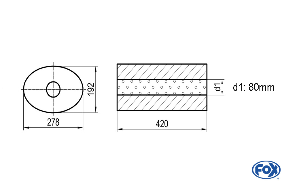 Uni-Schalldämpfer oval ohne Stutzen - Abwicklung 754 278x192mm, d1Ø 80mm, Länge: 420mm