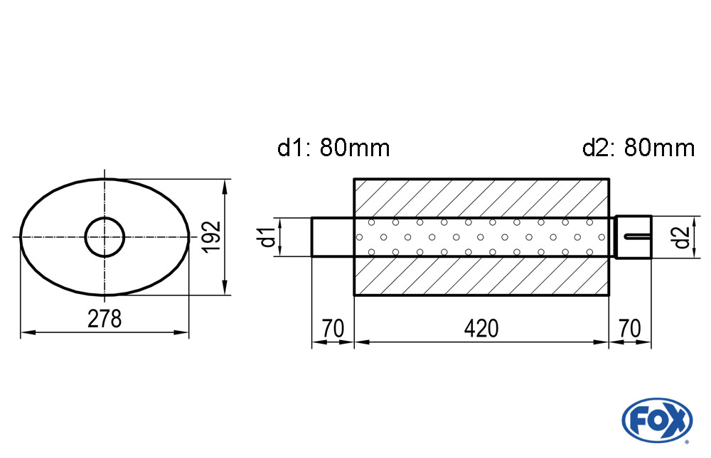 Uni-Schalldämpfer oval mit Stutzen - Abwicklung 754 278x192mm, d1Ø 80mm  d2Ø 80mm, Länge: 420mm