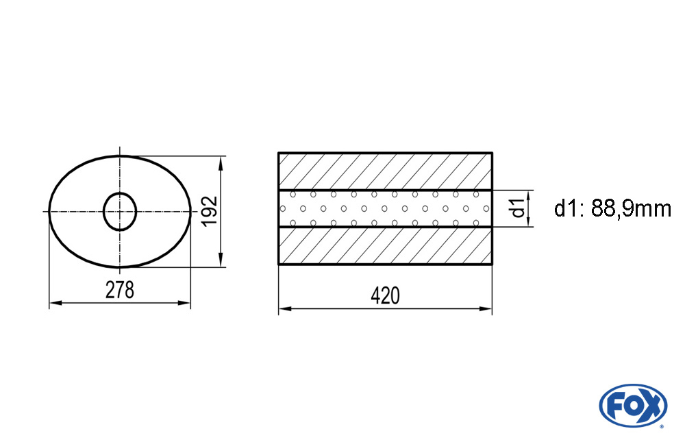 Uni-Schalldämpfer oval ohne Stutzen - Abwicklung 754 278x192mm, d1Ø 88,9mm, Länge: 420mm