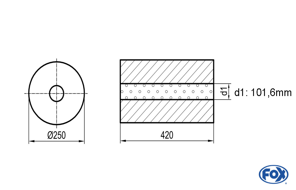 Uni-Schalldämpfer rund ohne Stutzen - Abwicklung 784 Ø 250mm, d1: 101,6mm, Länge: 420mm