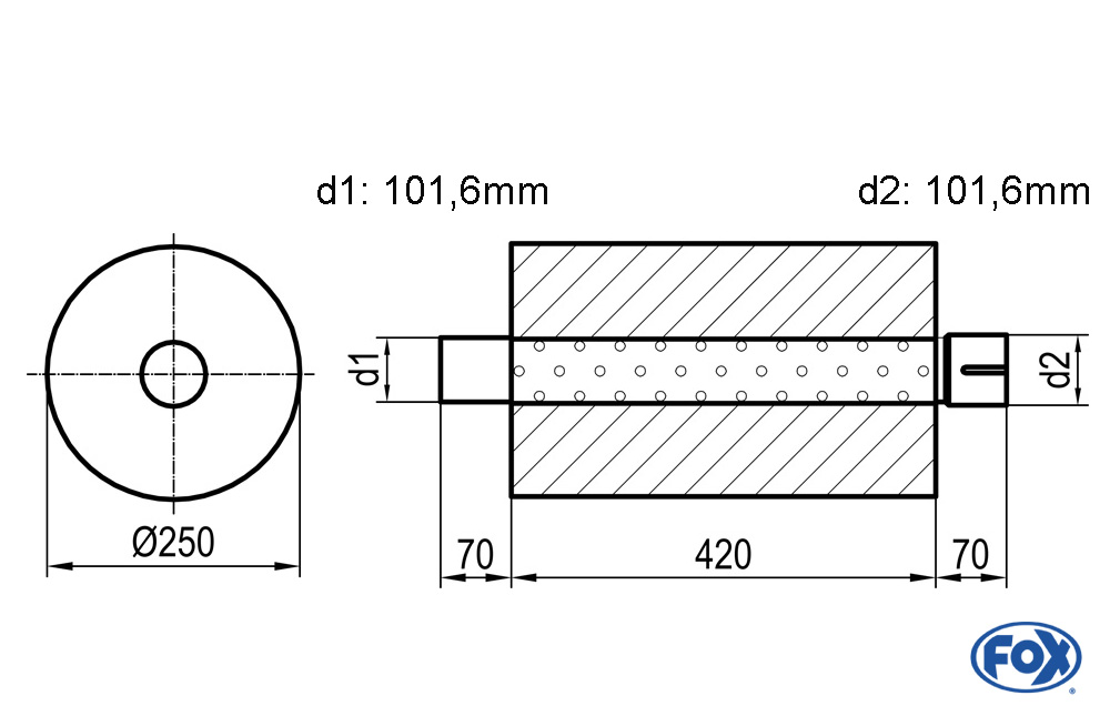 Uni-Schalldämpfer rund mit Stutzen - Abwicklung 784 Ø 250mm, d1: 101,6mm, d2: 101,6mm innen -, Länge: 420mm