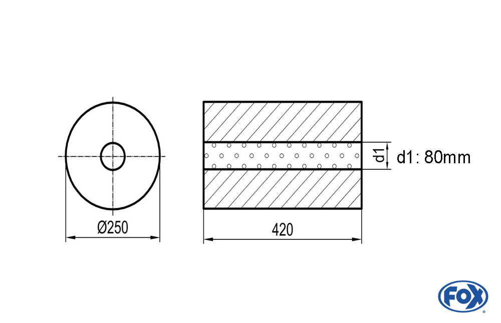 Uni-Schalldämpfer rund ohne Stutzen - Abwicklung 784 Ø 250mm, d1: 80mm, Länge: 420mm