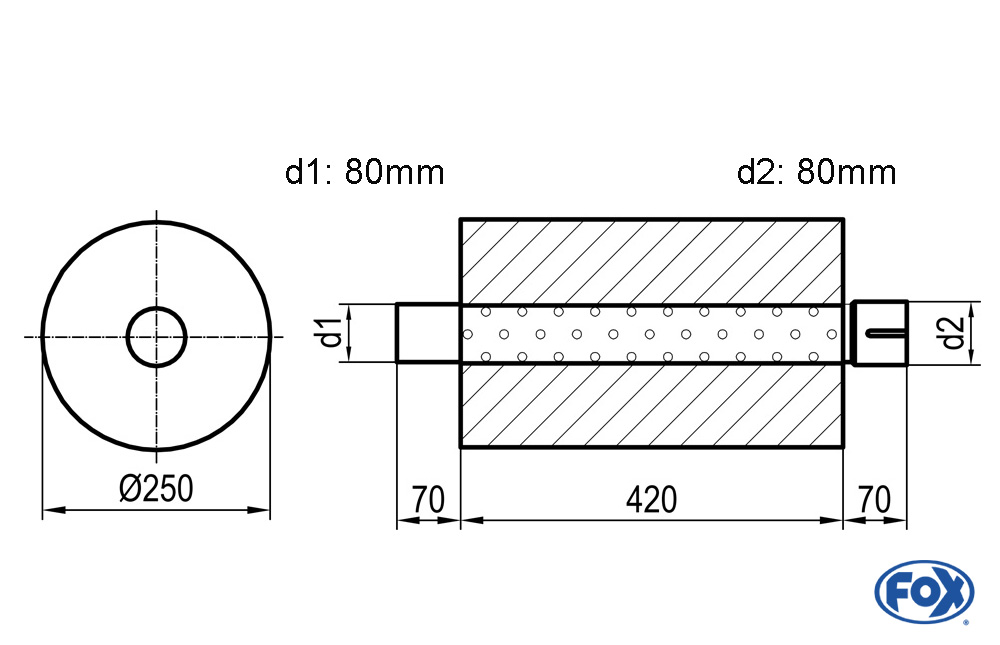 Uni-Schalldämpfer rund mit Stutzen - Abwicklung 784 Ø 250mm, d1: 80mm, d2: 80mm innen - Länge: 420mm