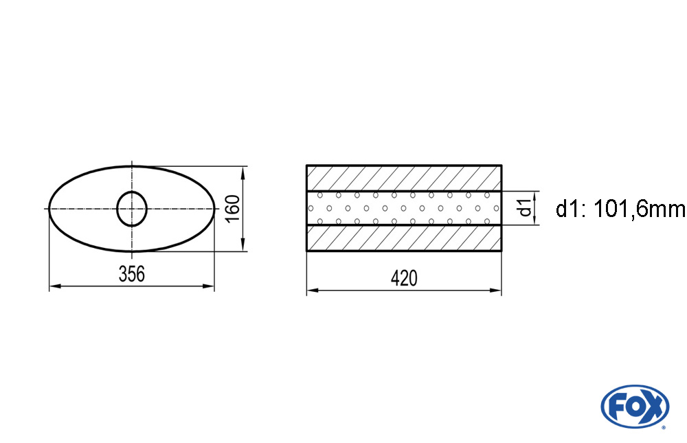 Uni-Schalldämpfer oval ohne Stutzen - Abwicklung 818 356x160mm, d1Ø 101,6mm, Länge: 420mm