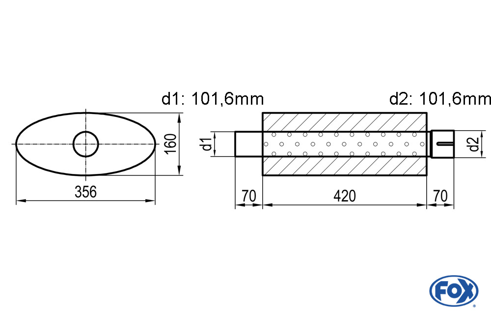 Uni-Schalldämpfer oval mit Stutzen - Abwicklung 818 356x160mm, d1Ø 101,6mm  d2Ø 101,6mm Länge: 420mm