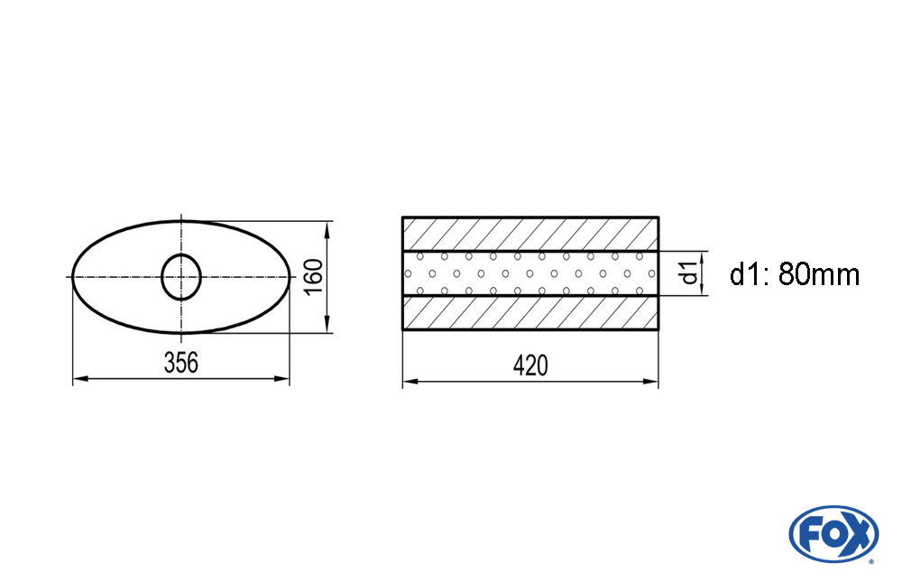 Uni-Schalldämpfer oval ohne Stutzen - Abwicklung 818 356x160mm, d1Ø 80mm, Länge: 420mm