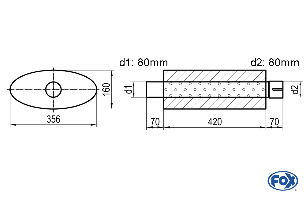 Uni-Schalldämpfer oval mit Stutzen - Abwicklung 818 356x160mm, d1Ø 80mm  d2Ø 80mm Länge: 420mm