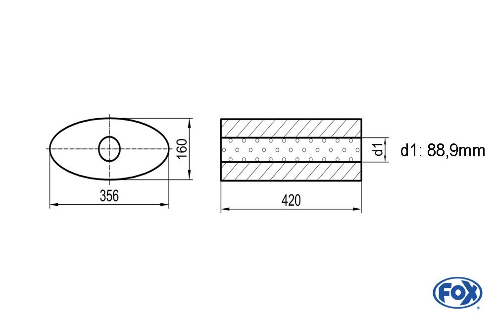 Uni-Schalldämpfer oval ohne Stutzen - Abwicklung 818 356x160mm, d1Ø 88,9mm, Länge: 420mm