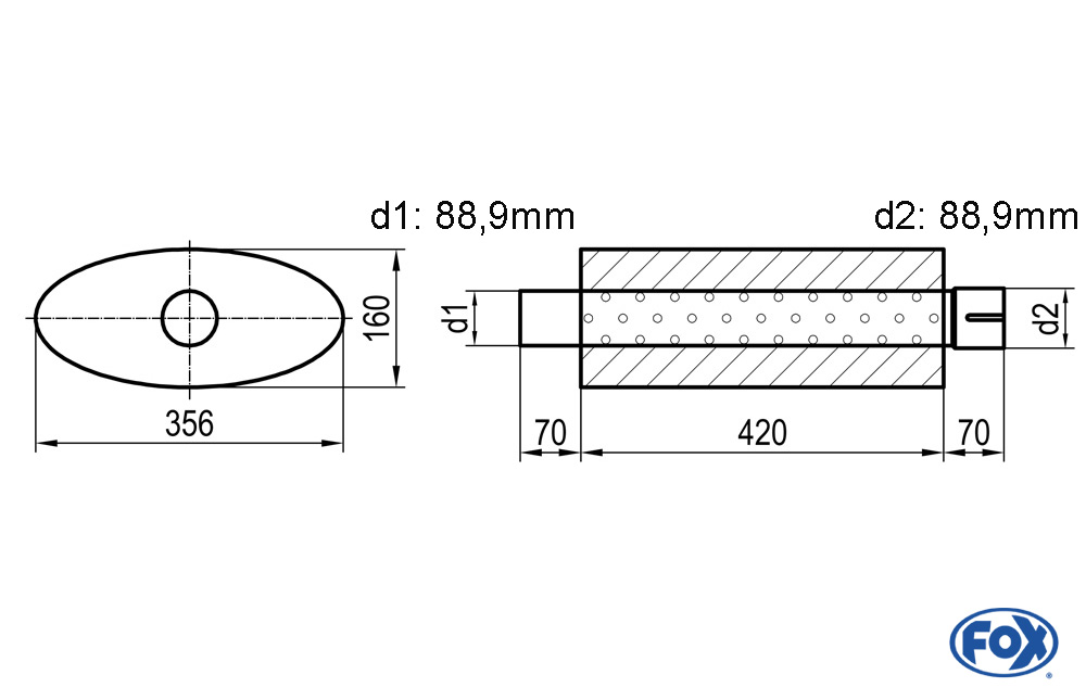 Uni-Schalldämpfer oval mit Stutzen - Abwicklung 818 356x160mm, d1Ø 88,9mm  d2Ø 88,9mm Länge: 420mm