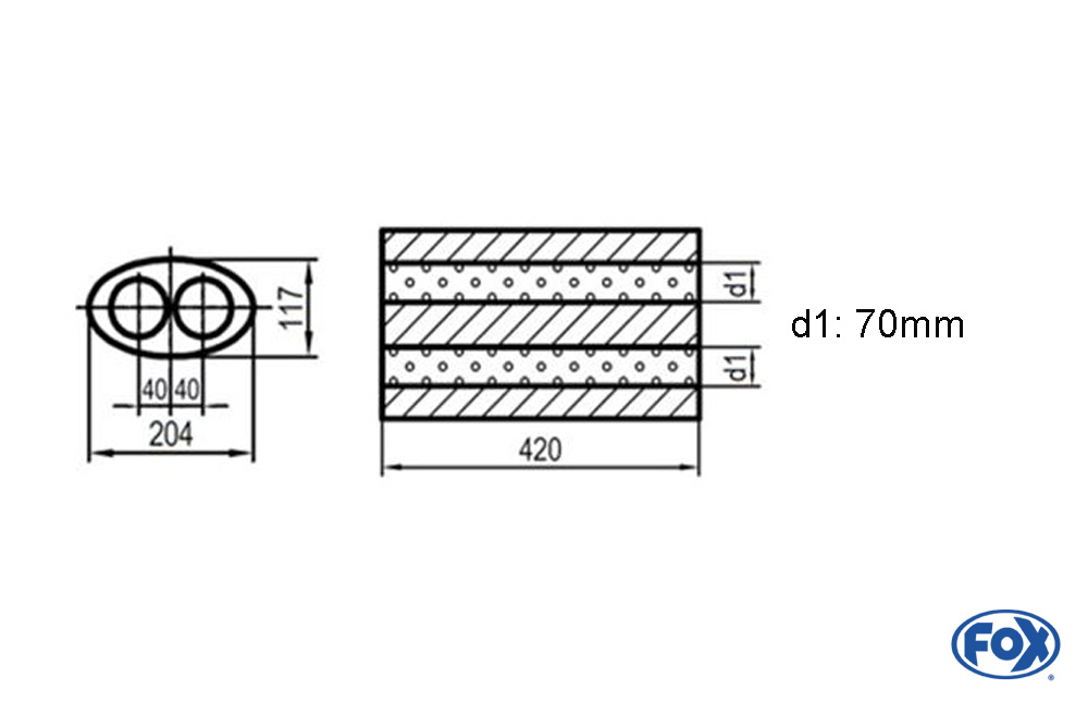 Uni-Schalldämpfer oval zweiflutig - Abwicklung 525 204x117mm, d1Ø 70mm, Länge: 420mm