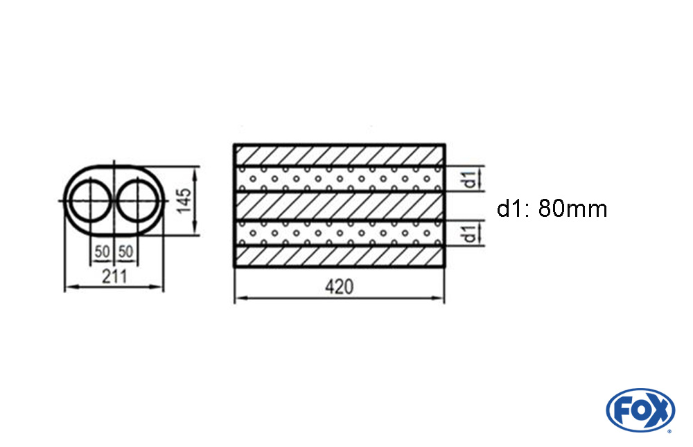 Uni-Schalldämpfer oval zweiflutig - Abwicklung 585 211x145mm, d1Ø 80mm, Länge: 420mm