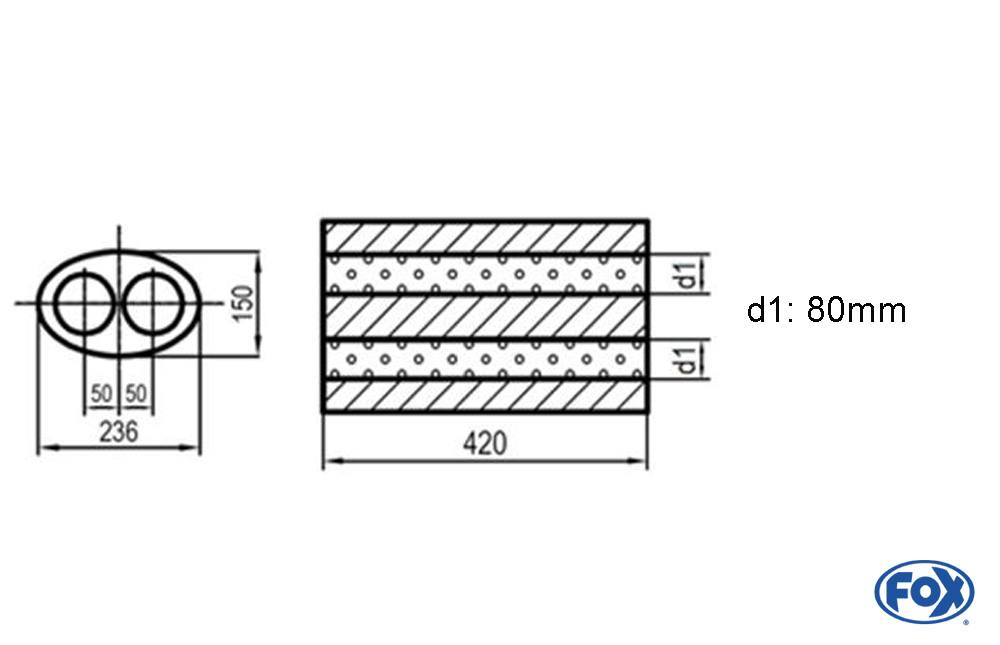 Uni-Schalldämpfer oval zweiflutig - Abwicklung 618 236x150mm, d1Ø 80mm, Länge: 420mm