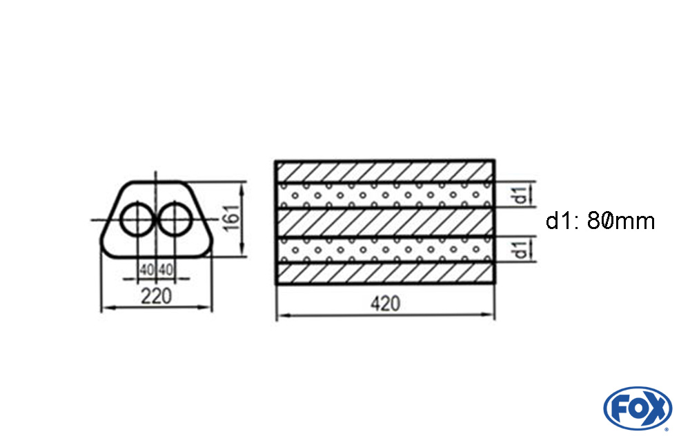 Uni-Schalldämpfer Trapezoid zweiflutig - Abwicklung 644 220x161mm, d1Ø 80mm, Länge: 420mm