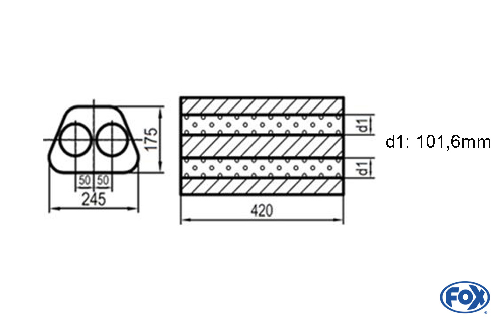 Uni-Schalldämpfer Trapezoid zweiflutig - Abwicklung 711 245x175mm, d1Ø 101,6mm  außen -, Länge: 420mm