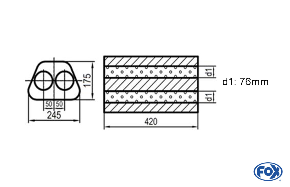 Uni-Schalldämpfer Trapezoid zweiflutig - Abwicklung 711 245x175mm, d1Ø 76mm  außen -, Länge: 420mm