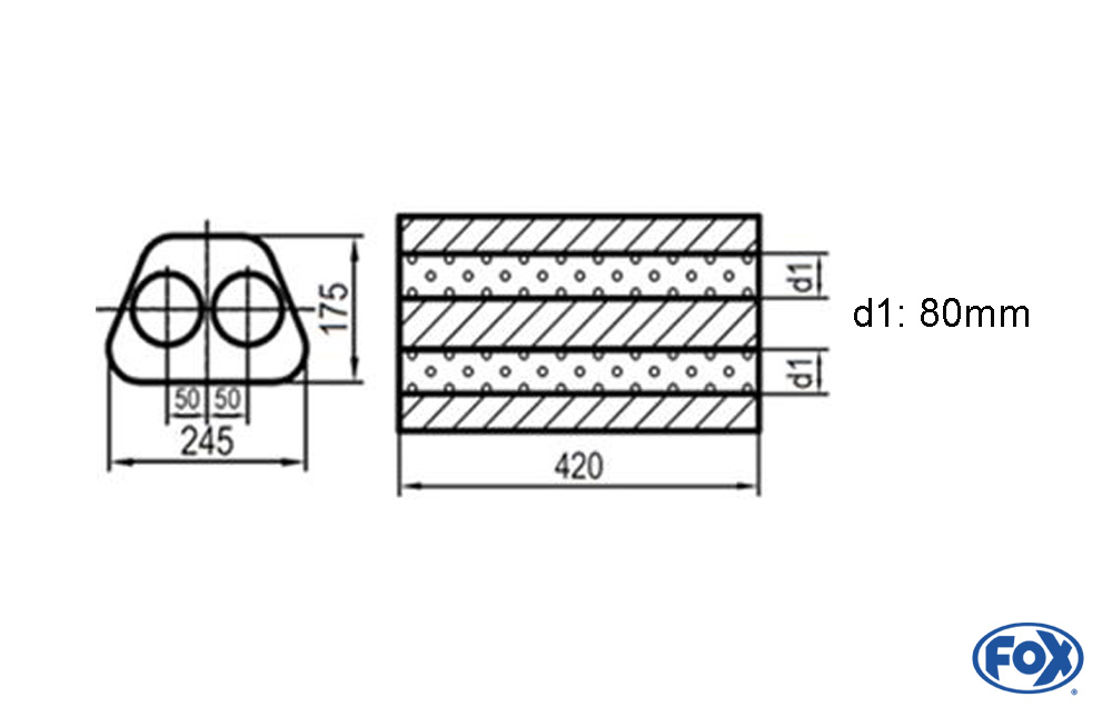 Uni-Schalldämpfer Trapezoid zweiflutig - Abwicklung 711 245x175mm, d1Ø 80mm  außen -, Länge: 420mm