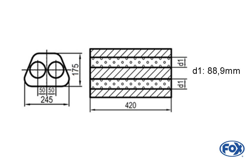 Uni-Schalldämpfer Trapezoid zweiflutig - Abwicklung 711 245x175mm, d1Ø 88,9mm  außen -, Länge: 420mm