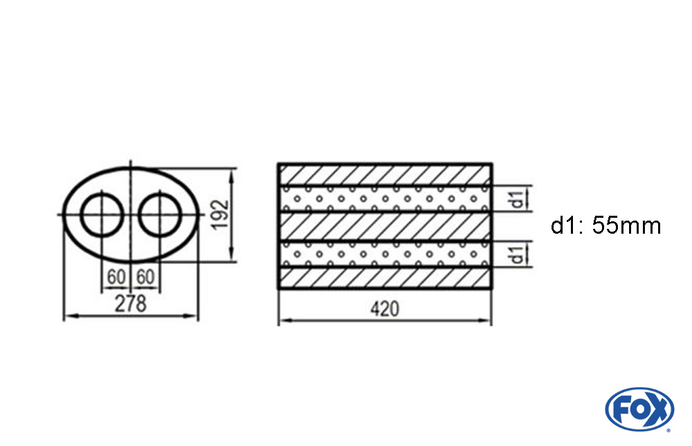 Uni-Schalldämpfer oval zweiflutig - Abwicklung 754 278x192mm, d1Ø 55mm, Länge: 420mm