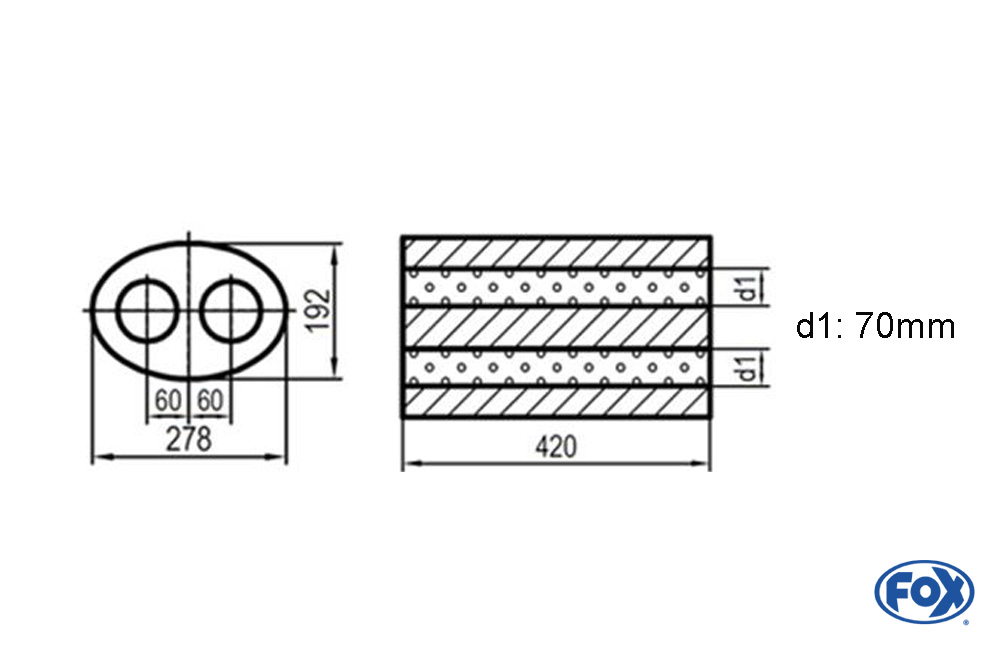 Uni-Schalldämpfer oval zweiflutig - Abwicklung 754 278x192mm, d1Ø 70mm, Länge: 420mm