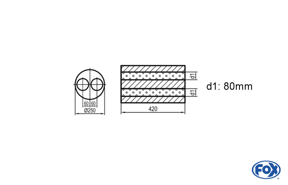 Uni-Schalldämpfer rund zweiflutig  - Abwicklung 784 Ø 250mm, d1: 80mm, Länge: 420mm -Ø250mm