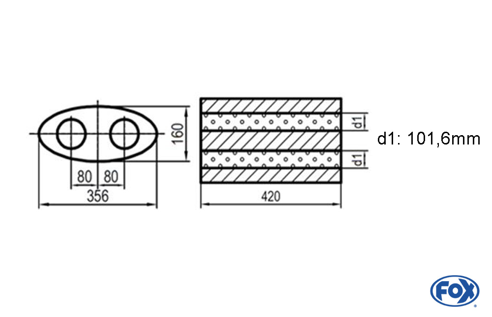 Uni-Schalldämpfer oval zweiflutig - Abwicklung 818 356x160mm, d1Ø 101,6mm, Länge: 420mm