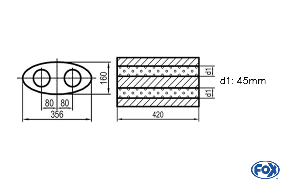 Uni-Schalldämpfer oval zweiflutig - Abwicklung 818 356x160mm, d1Ø 45mm, Länge: 420mm