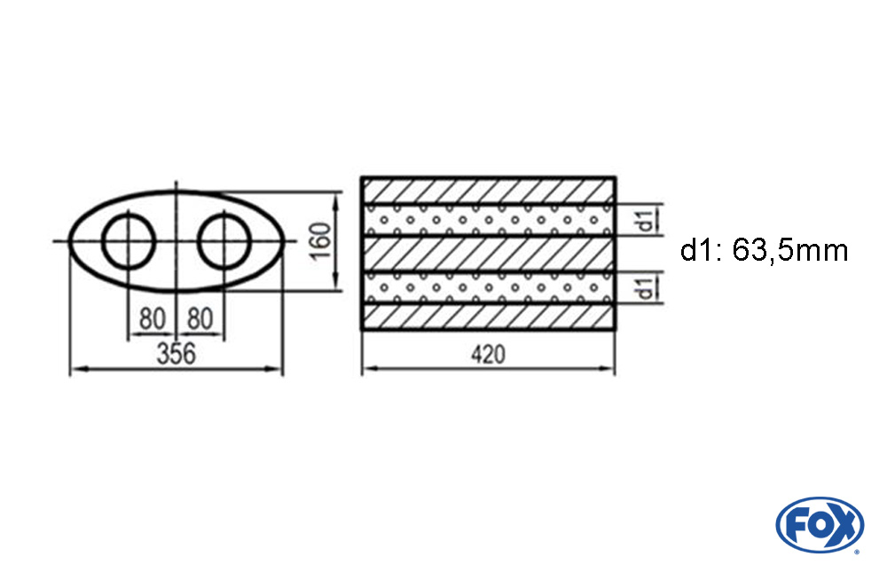 Uni-Schalldämpfer oval zweiflutig - Abwicklung 818 356x160mm, d1Ø 63,5mm, Länge: 420mm