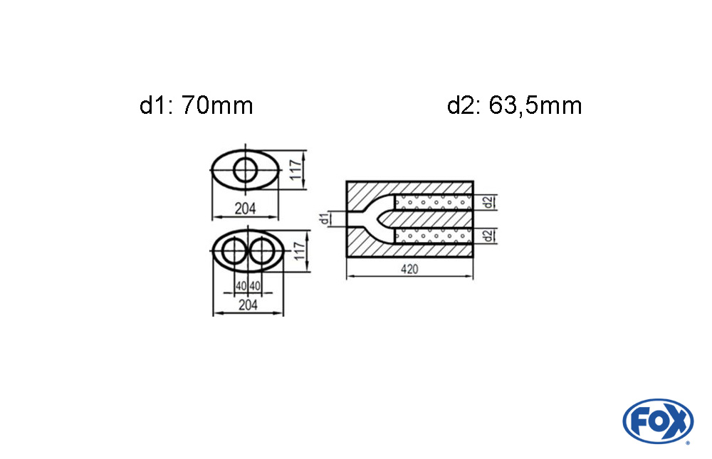 Uni-Schalldämpfer oval zweiflutig mit Hose - Abwicklung 525 204x117mm, d1Ø 70mm  d2Ø 63,5mm, Länge: 420mm