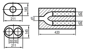 Uni-Schalldämpfer oval zweiflutig mit Hose - Abwicklung 585 d1Ø 88,9mm  d2 Ø 70mm  Länge: 420mm