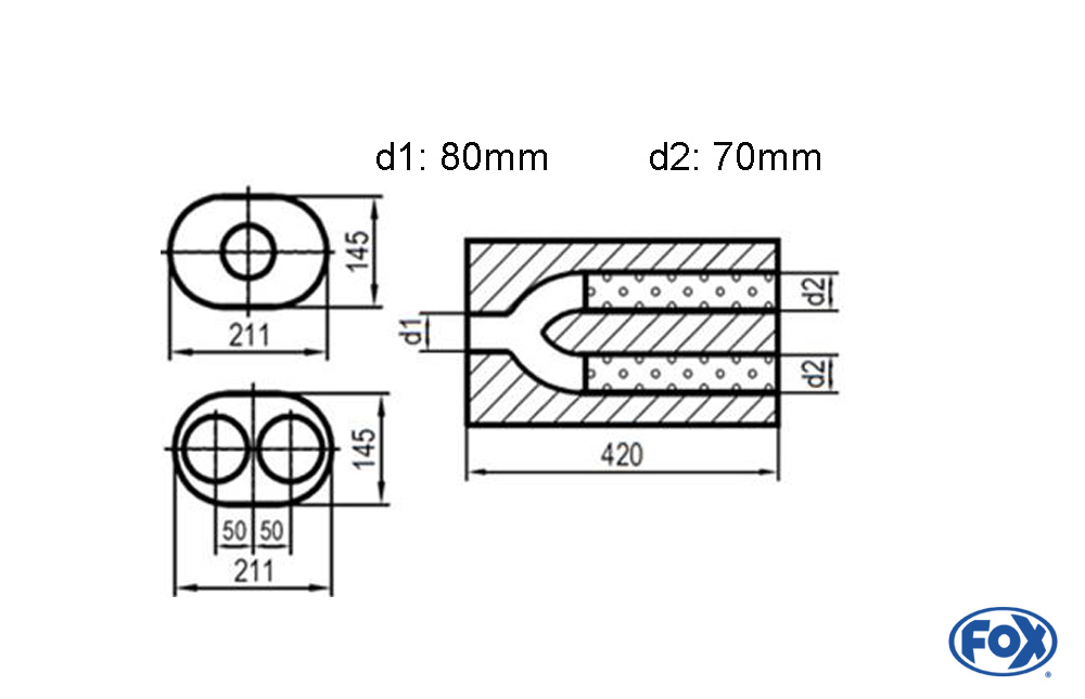 Uni-Schalldämpfer oval zweiflutig mit Hose - Abwicklung 585 211x145mm, d1Ø 76mm  d2Ø 63,5mm, Länge: 420mm